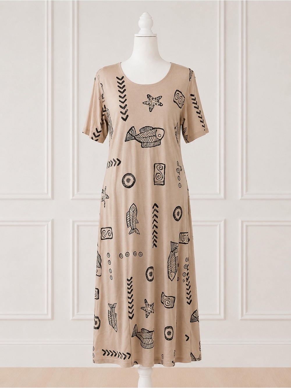 Laguna Bay USA Fish Print Midi Dress Small Coastal Cotton Blend Vintage